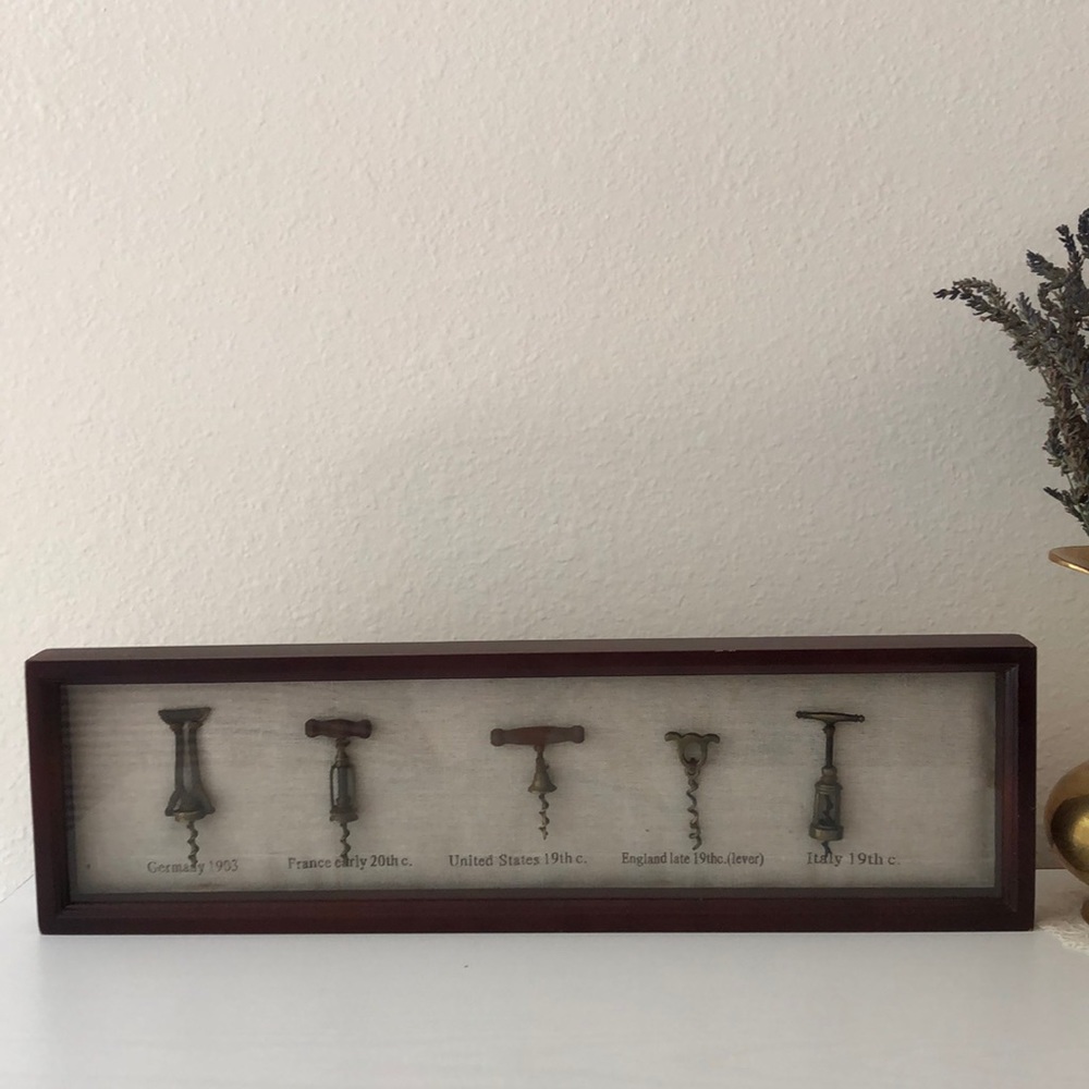 Framed wine corkscrews decor -Antique